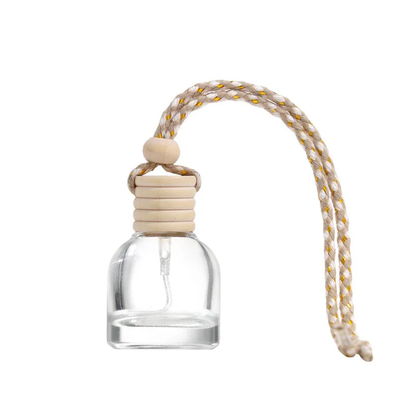 product image 8ml Oblate Clear Glass Car Perfume Air Air Freshener Glass Bottle Wooden Cap Hanging SK-CADB025