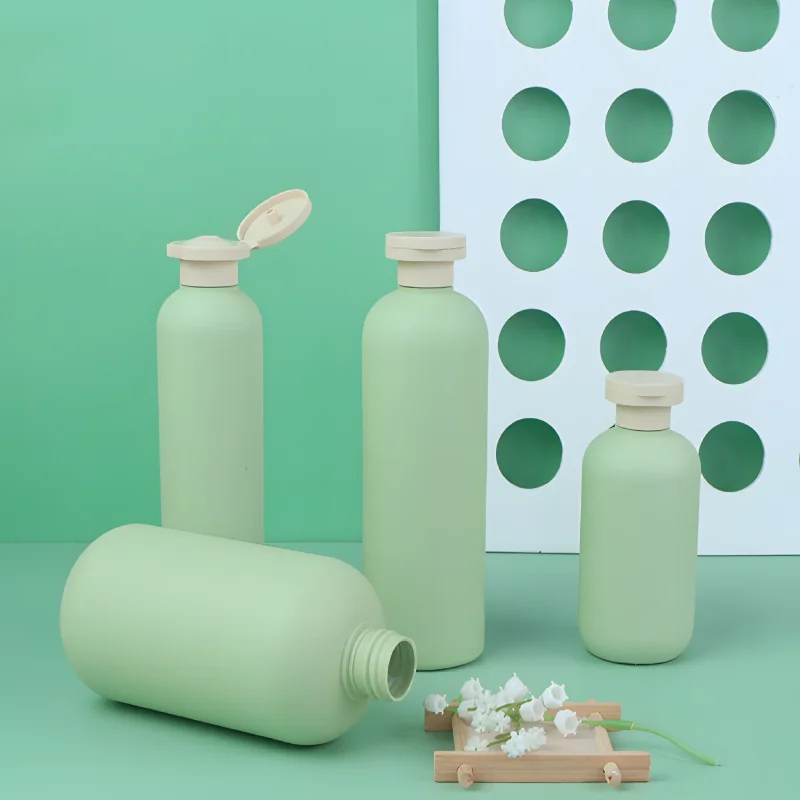 Luxury 280ml 400ml 500ml Frosted Matte Green Soft Touch Squeeze Hotel Shampoo Shower Gel Container HDPE Empty Plastic Bottle With Disc Cap