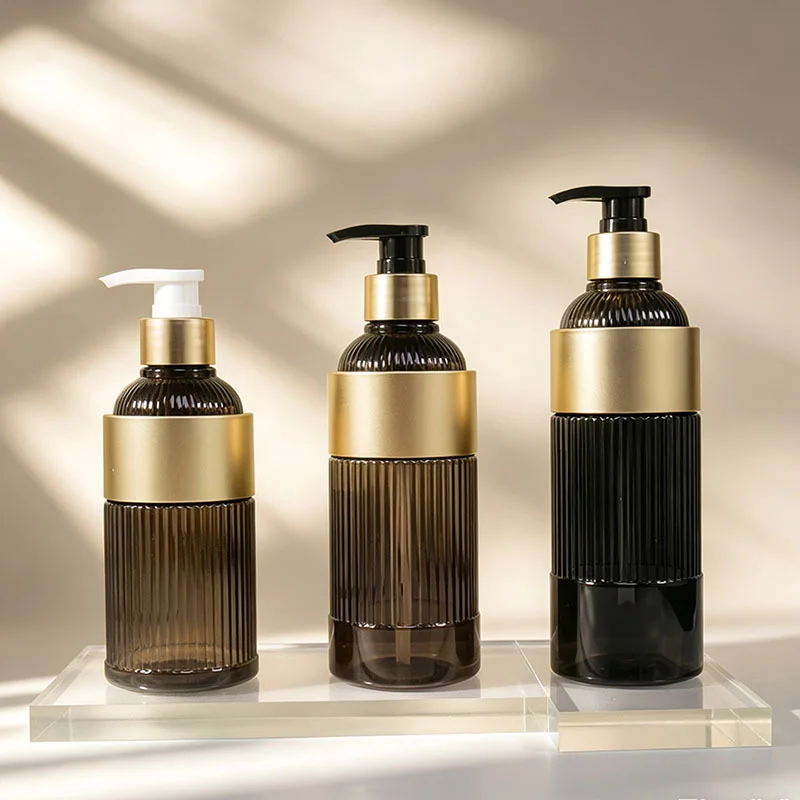 In Stock 300ml 350ml 400ml Transparent Black PET Packaging for Toiletries Hotel Bath Oil Shampoo & Body Lotion Bottles