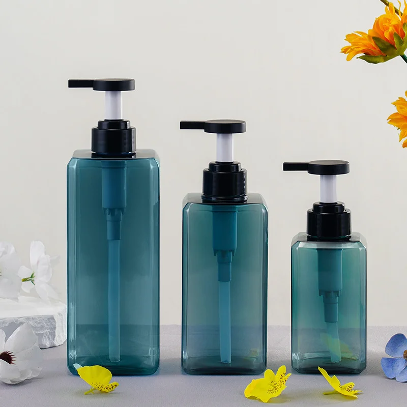 Wholesale 300ml 500ml 750ml Blue Black Clear Empty Skincare Packaging Square Flat Bottle PET Plastic Lotion Shampoo Pump Bottle